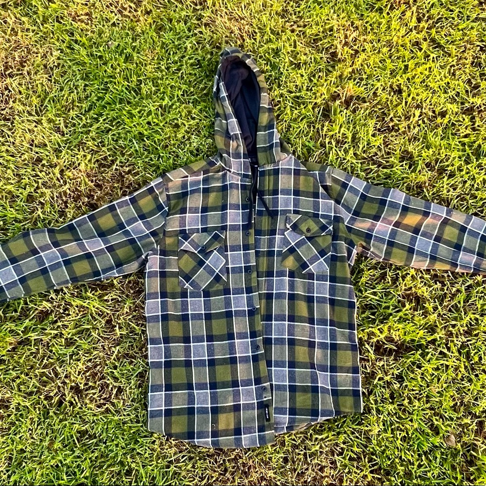 Olive Green Plaid Button Up w/ Hoodie